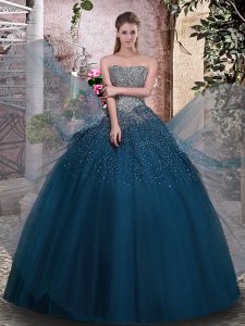 Classical Floor Length Lace Up Quinceanera Dresses Teal for Military Ball and Sweet 16 and Quinceanera with Beading