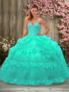 Turquoise Quinceanera Gown Military Ball and Sweet 16 and Quinceanera with Beading and Pick Ups Sweetheart Sleeveless La