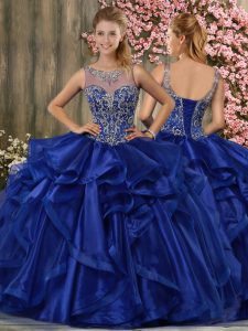 Beauteous Scoop Sleeveless Sweet 16 Dress Floor Length Beading and Ruffles Blue Organza