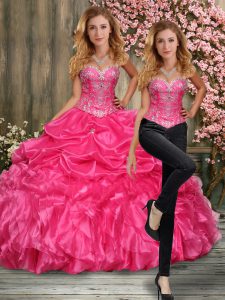 Ball Gowns 15th Birthday Dress Hot Pink Sweetheart Taffeta Sleeveless Floor Length Lace Up