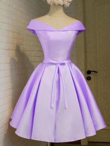 Adorable Lavender Off The Shoulder Neckline Belt Dama Dress Cap Sleeves Lace Up