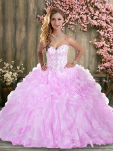 Floor Length Lilac Quinceanera Gowns Organza Sleeveless Beading and Ruffles