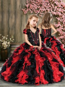 Eye-catching Red And Black Sleeveless Organza Lace Up Little Girls Pageant Dress Wholesale for Party and Wedding Party