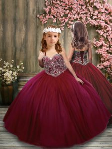 Modern Burgundy Sleeveless Floor Length Beading Lace Up Child Pageant Dress