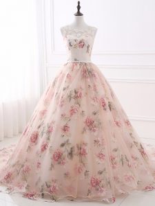 Sleeveless Lace and Appliques and Belt Zipper Juniors Evening Dress with Pink Brush Train