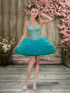 Sleeveless Organza Mini Length Zipper Womens Party Dresses in Teal with Beading and Ruffles