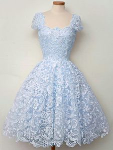 Suitable Light Blue Cap Sleeves Lace Knee Length Bridesmaid Dress