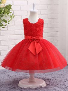 Great Red Zipper Scoop Bowknot Little Girls Pageant Gowns Tulle Sleeveless