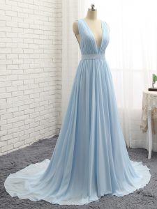 Stylish Empire Sleeveless Light Blue Prom Evening Gown Brush Train Backless