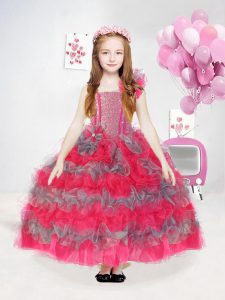 Sleeveless Lace Up Ankle Length Ruffles and Sequins Little Girl Pageant Gowns