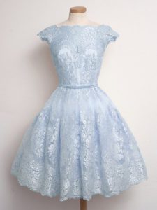 Lace Scalloped Cap Sleeves Lace Up Lace Bridesmaid Dresses in Light Blue