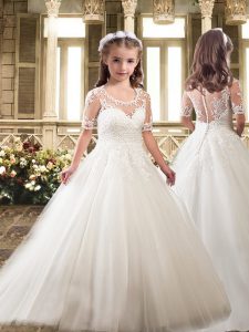 Suitable Half Sleeves Sweep Train Clasp Handle Lace Flower Girl Dress