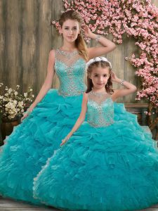 Aqua Blue Ball Gowns Scoop Sleeveless Organza Floor Length Zipper Beading and Ruffles Quinceanera Dress