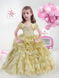 Gold Sleeveless Floor Length Beading and Ruffles Lace Up Little Girl Pageant Gowns