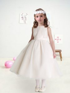 Latest White Ball Gowns Scoop Sleeveless Tulle Tea Length Zipper Belt Flower Girl Dresses for Less