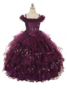 Stylish Floor Length Burgundy Little Girl Pageant Dress Off The Shoulder Sleeveless Lace Up