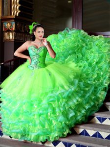 Yellow Green Sleeveless Organza Court Train Lace Up Quinceanera Dresses for Military Ball and Sweet 16