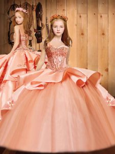 Best Peach Little Girls Pageant Dress Wedding Party with Beading and Embroidery Straps Sleeveless Brush Train Lace Up