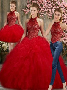 Discount Halter Top Sleeveless Sweet 16 Dress Floor Length Beading and Ruffles Red Organza