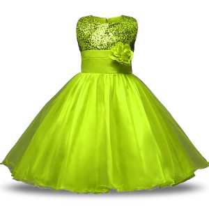 Extravagant Sleeveless Knee Length Bowknot and Belt and Hand Made Flower Zipper Flower Girl Dress with Olive Green