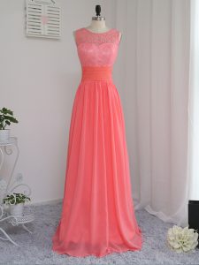 Sumptuous Watermelon Red Scoop Neckline Lace Dama Dress for Quinceanera Sleeveless Zipper