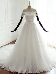 Cheap Tulle Sleeveless Wedding Dresses Court Train and Lace