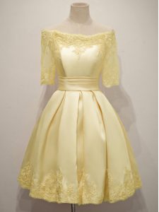 Extravagant A-line Court Dresses for Sweet 16 Yellow Off The Shoulder Taffeta Half Sleeves Knee Length Lace Up