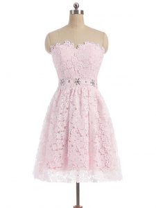 Deluxe Pink A-line Sweetheart Sleeveless Lace Mini Length Zipper Beading and Lace Party Dress Wholesale