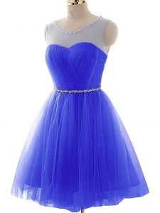 Popular Blue A-line Tulle Scoop Sleeveless Beading and Ruching Mini Length Lace Up Prom Dresses