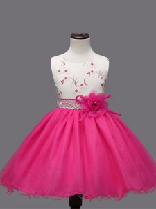 Wonderful Hot Pink Scoop Neckline Appliques and Hand Made Flower Pageant Gowns For Girls Sleeveless Zipper