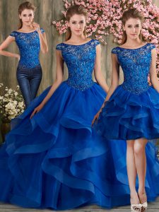 Inexpensive Royal Blue Lace Up Scoop Beading and Ruffles Vestidos de Quinceanera Tulle Sleeveless