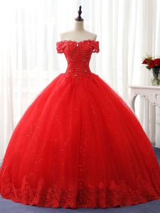 Wonderful Red Sleeveless Floor Length Beading and Ruffles Lace Up Quince Ball Gowns