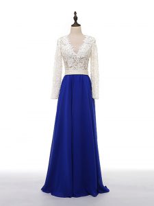 Exquisite Long Sleeves Floor Length Lace and Appliques Zipper Mother Dresses with Blue And White