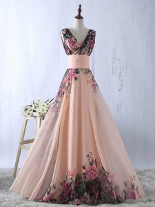 V-neck Sleeveless Printed Prom Dress Ruching Lace Up
