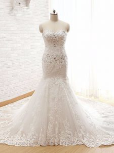 Chic White Mermaid Beading and Lace and Appliques Wedding Dresses Lace Up Lace Sleeveless