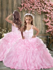 Sleeveless Floor Length Beading and Ruffles Lace Up Little Girls Pageant Dress with Baby Pink