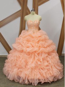 Organza Sleeveless Ball Gown Prom Dress Sweep Train and Beading and Ruffles and Pick Ups