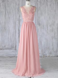 Pink Empire Appliques Quinceanera Court of Honor Dress Backless Chiffon Sleeveless