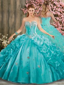 Modest Aqua Blue Lace Up Sweetheart Beading and Pick Ups Quinceanera Gown Organza Sleeveless