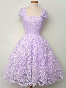 Colorful Lavender Lace Lace Up Bridesmaid Dresses Cap Sleeves Knee Length Lace