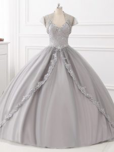 Custom Made Grey Sleeveless Tulle Lace Up 15 Quinceanera Dress for Sweet 16 and Quinceanera