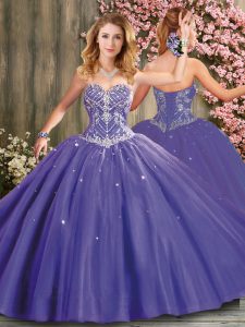 Fabulous Sleeveless Tulle Floor Length Lace Up Quinceanera Dress in Lavender with Beading