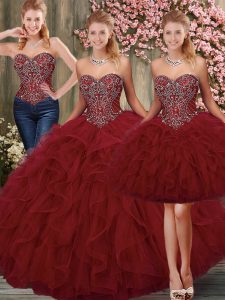 Custom Designed Wine Red Tulle Lace Up Sweetheart Sleeveless Floor Length Sweet 16 Quinceanera Dress Beading and Ruffles
