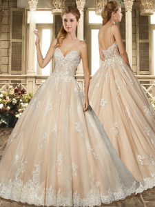 Customized White Ball Gowns Sweetheart Sleeveless Organza Sweep Train Backless Appliques and Embroidery Wedding Dresses