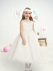 White Flower Girl Dresses Wedding Party with Beading and Lace Bateau Cap Sleeves Zipper