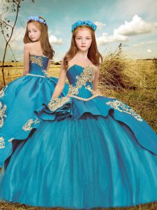 Embroidery Girls Pageant Dresses Teal Lace Up Sleeveless Brush Train