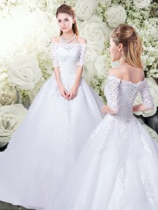 Clearance Tulle Half Sleeves Wedding Dress Brush Train and Lace