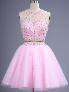 Sweet Scoop Sleeveless Damas Dress Knee Length Beading and Lace Pink Tulle