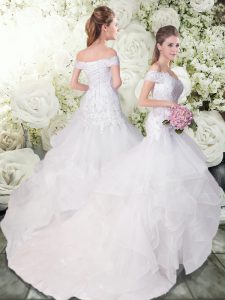 Trendy White Sleeveless Tulle Brush Train Lace Up Wedding Gown for Wedding Party