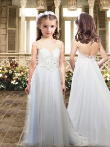 Tulle Sweetheart Cap Sleeves Sweep Train Backless Lace Flower Girl Dress in White